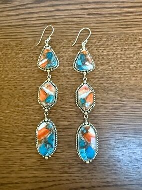Spiney Oyster & Turquoise Three Stone Linear Earrings
